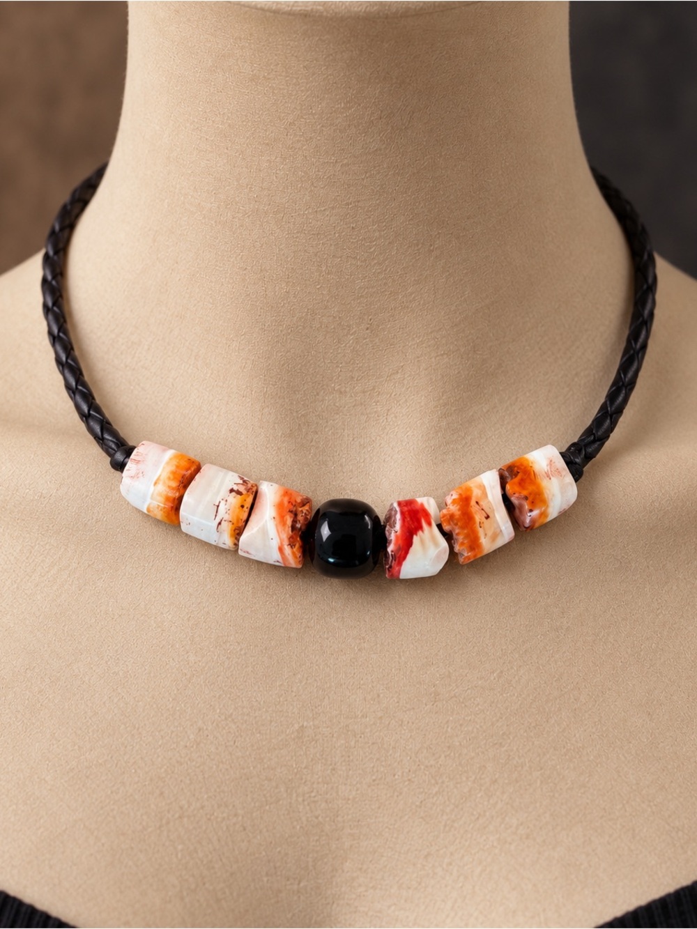 Spiny Oyster Shell & Black Onyx Braided Leather Necklace Southwestern